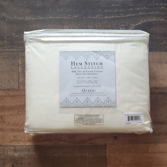New $78 HEM STITCH COLLECTION 100% COTTON SHEET SET 400TC IVORY QUEEN - Picture 2 of 5